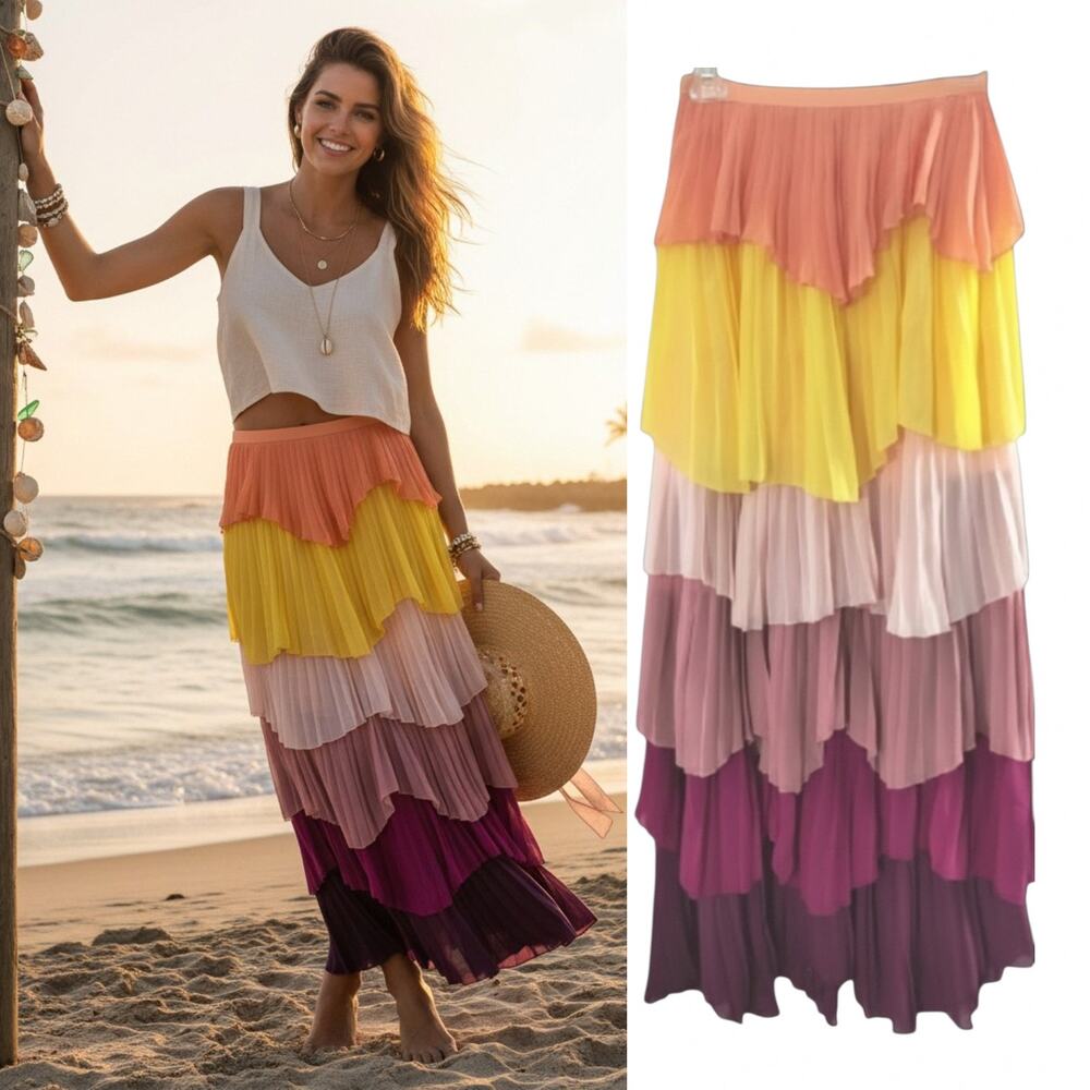 L'Atiste Tiered Maxi Skirt Women S Multicolor Chiffon Boho Festival Coastal
